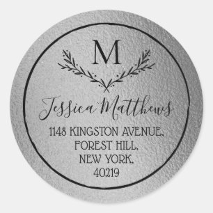 Sticker Rond Argent Foil Wreath Custom Monogram Adresse de reto