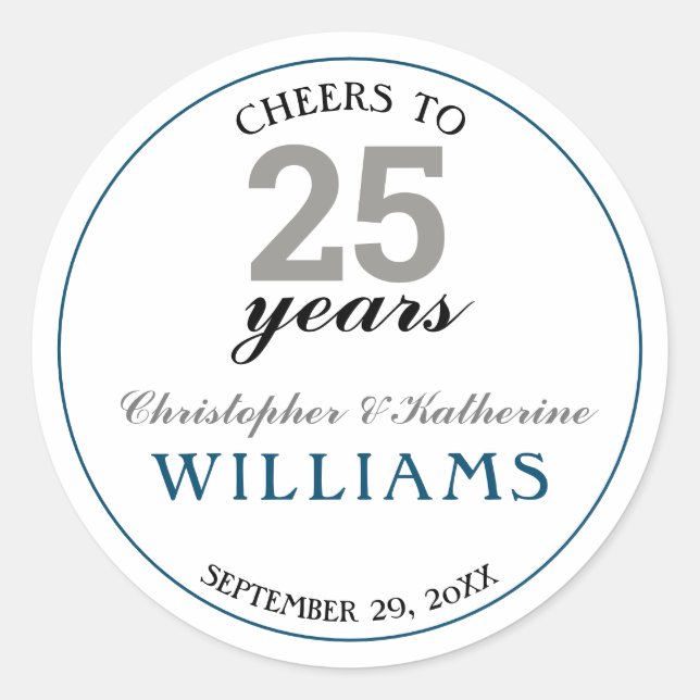 Sticker Rond Argent moderne et bleu 25e anniversaire Mariage (Devant)