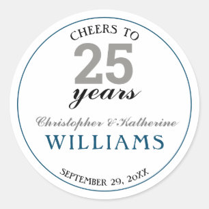Sticker Rond Argent moderne et bleu 25e anniversaire Mariage