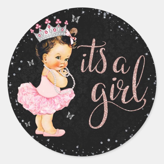 Sticker Rond Argent rose C'est une fille princesse Baby shower  (Devant)
