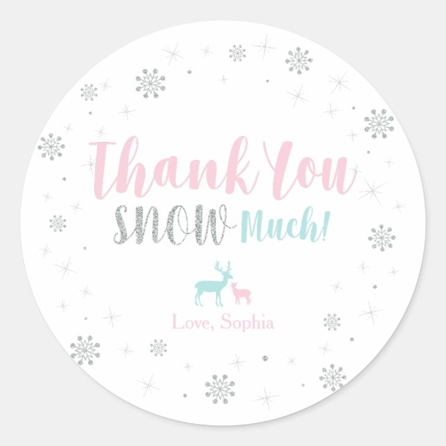 Sticker Rond Argent, rose et bleu Merci hivernal (Devant)