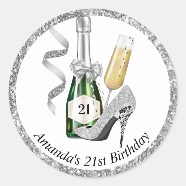 Sticker Rond Argent talons et Champagne Anniversaire des femmes (Devant)
