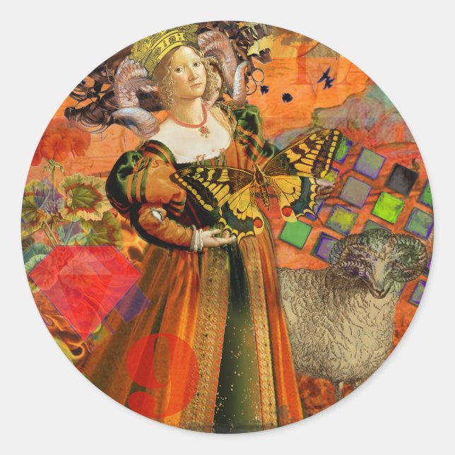 Sticker Rond Aries Orange Woman : Collage d'art antique gothiqu (Devant)