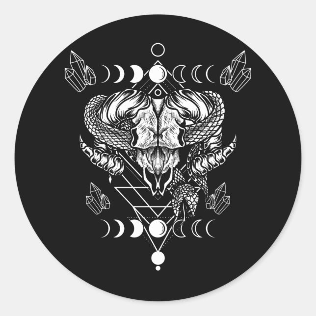 Sticker Rond Aries Skull Wicca Occulte Crescent Moon Witchcraft (Devant)