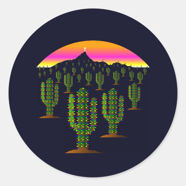 Sticker Rond Arizona Saguaro Cactus lumières de Noël au coucher (Devant)