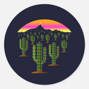Sticker Rond Arizona Saguaro Cactus lumières de Noël au coucher