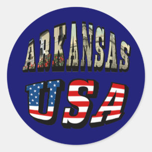 Sticker Rond Arkansas Picture et USA Flag Text