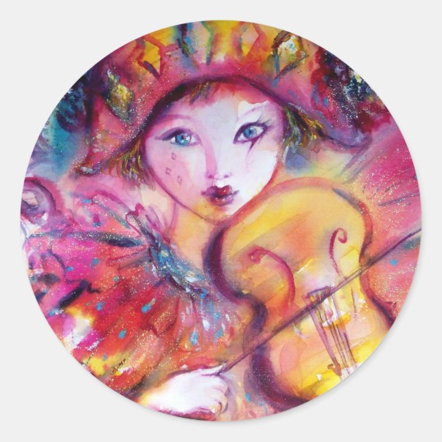 Sticker Rond ARLECCHINO ET COLOMBINA, Rose Fuchsia Jaune Bleu (Devant)