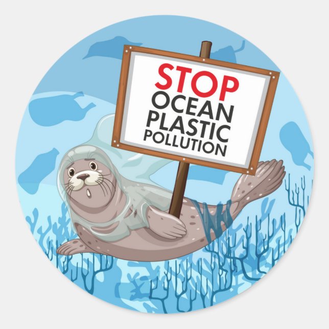 Sticker Rond Arrêtez la pollution plastique des océans (Devant)
