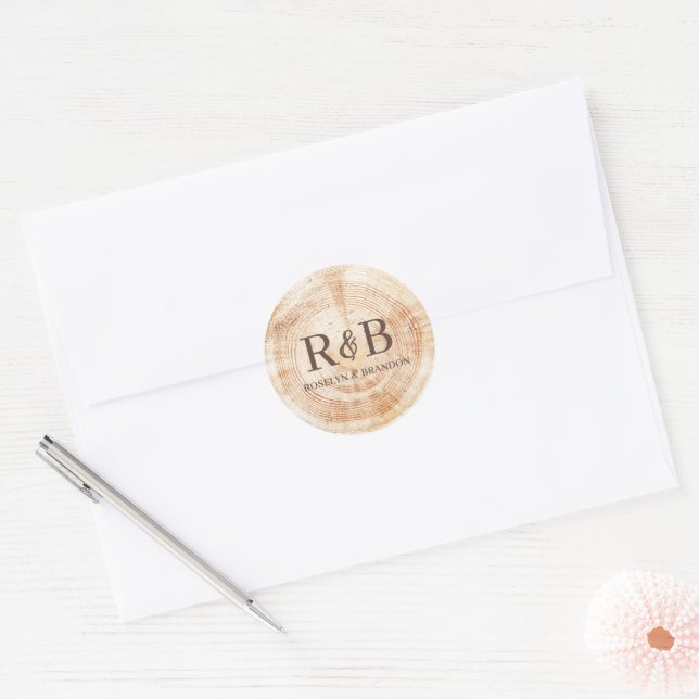 Sticker Rond Arrière - plan de disque bois Mariage rustique Mon (Enveloppe)