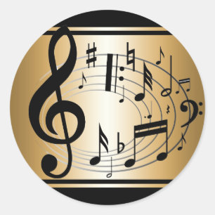 Sticker Rond Arrière - plan de notes musicales de noir et d'or