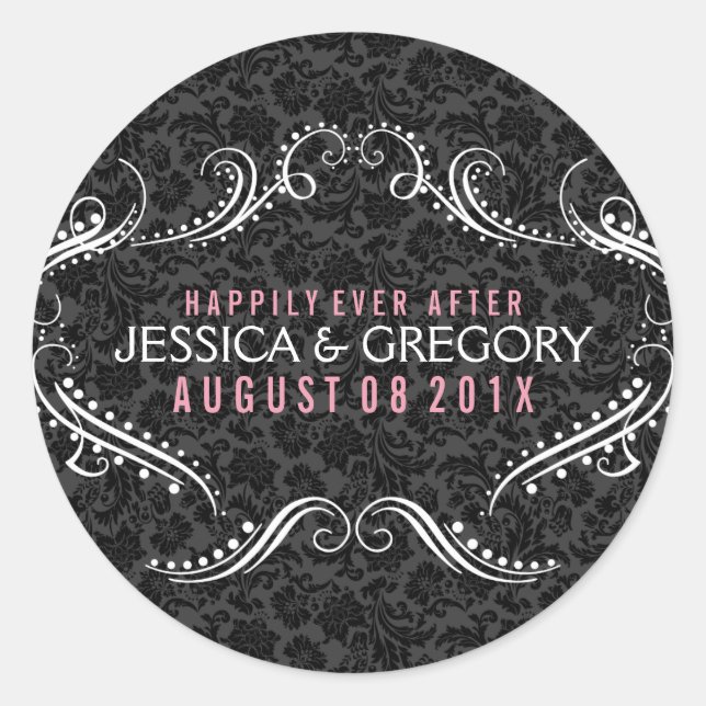 Sticker Rond Arrière - plan Noir Avec Cadre Floral Blanc (Devant)