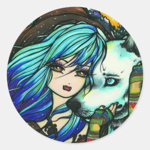 Sticker Rond Art comique féerique d'imaginaire de loup blanc d