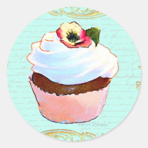Sticker Rond Art Cupcake Rose