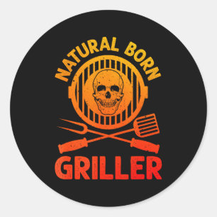 Sticker Rond Art de BBQ drôle pour hommes femmes grillant de la