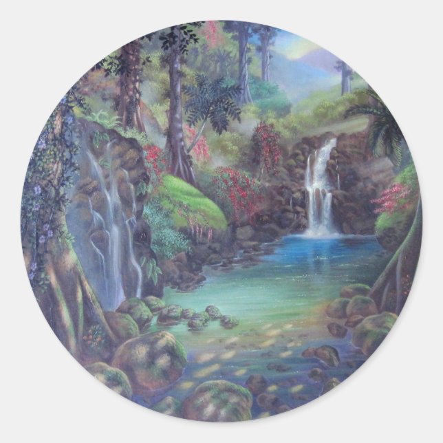 Sticker Rond Art de cascades de rivière de paysage de forêt (Devant)