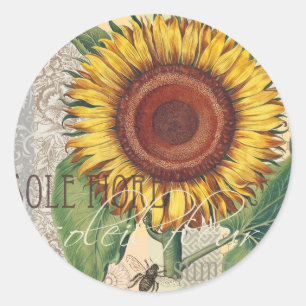 Sticker Rond Art de fleur de damas vintage tournesol