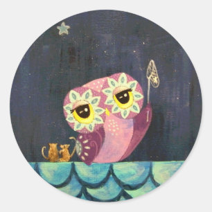 Sticker Rond Art de hibou - attrapez une étoile filante