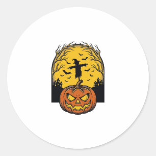 Sticker Rond Art de l'épouvantail de lune de citrouille d'Hallo
