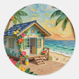 Sticker Rond Art de maison de plage côtière