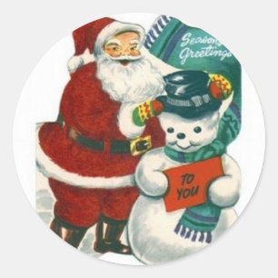 Sticker Rond art de Noël bonhomme de neige vintage Santa hiver