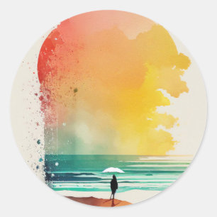 Sticker Rond Art de plage abstrait Marche dans les vagues