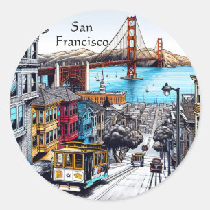 Sticker Rond Art de style bande dessinée de San Francisco, Cali