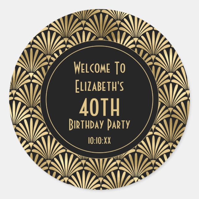 Sticker Rond Art Déco 40e anniversaire Noir | Gold Favor (Devant)
