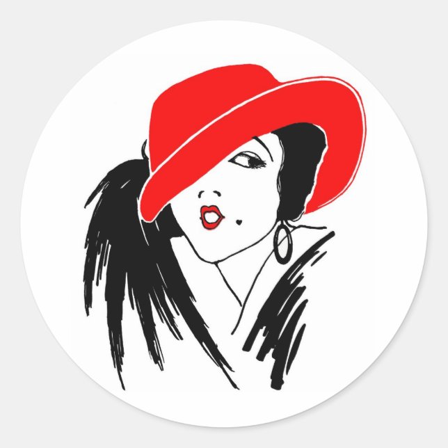 Sticker Rond Art Déco Belle femme Casquette rouge (Devant)