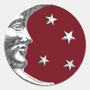 Sticker Rond Art Déco Lune et étoiles - Rouge foncé et argent