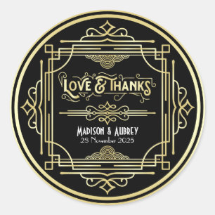 Sticker Rond Art Déco Mariage Amour & Merci Gold Black Faveur