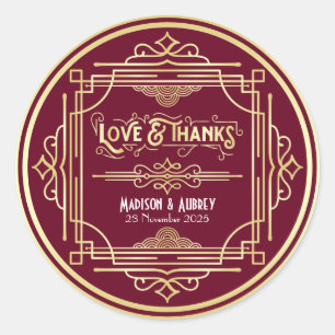 Sticker Rond Art Déco Mariage Amour & Merci Gold Burgundy Favor