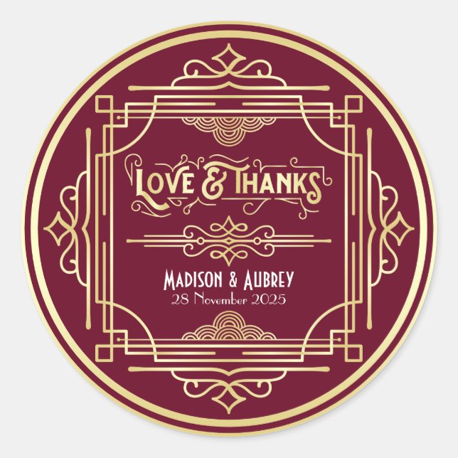 Sticker Rond Art Déco Mariage Amour & Merci Gold Burgundy Favor (Devant)