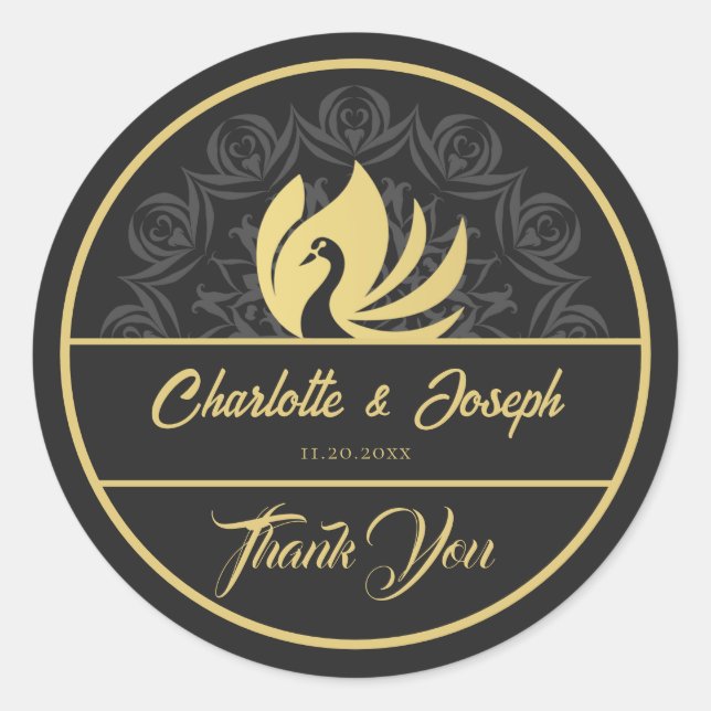 Sticker Rond Art Déco moderne Swan Gold et Mariage noir (Devant)