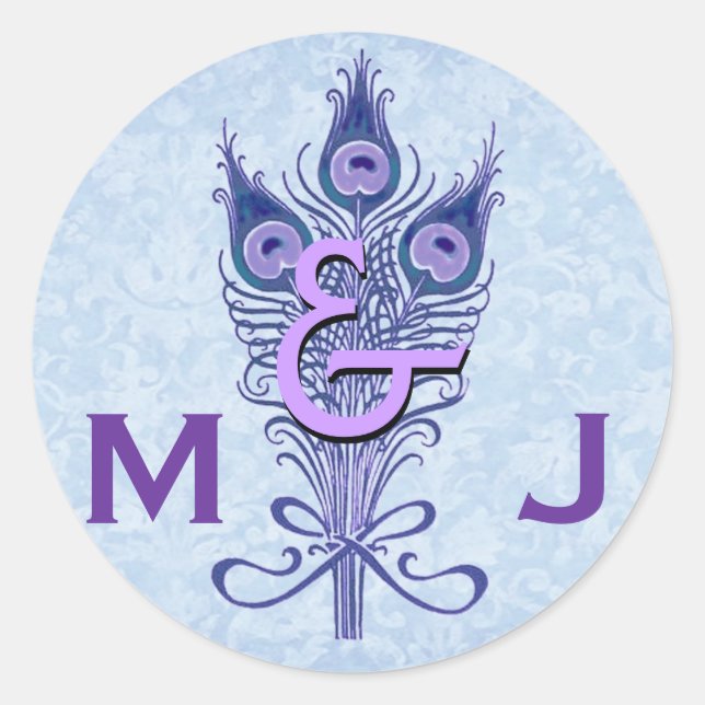 Sticker Rond Art Déco Peacock violet Plumes Monogram Mariage (Devant)