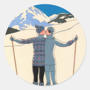 Sticker Rond Art Déco vintage, Amants en Neige par George Barbi