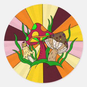 Sticker Rond Art dessiné à la main par des champignons magiques