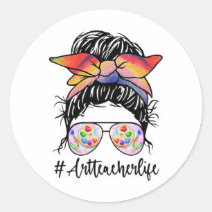 Sticker Rond Art Enseignant Vie Messy Bun Chemise Ck To School