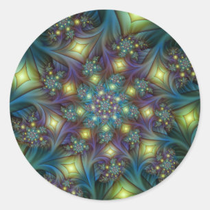Sticker Rond Art fractal abstrait illuminé sarcelle violet