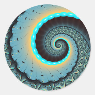 Sticker Rond Art fractal spirale abstrait bleu turquoise orange