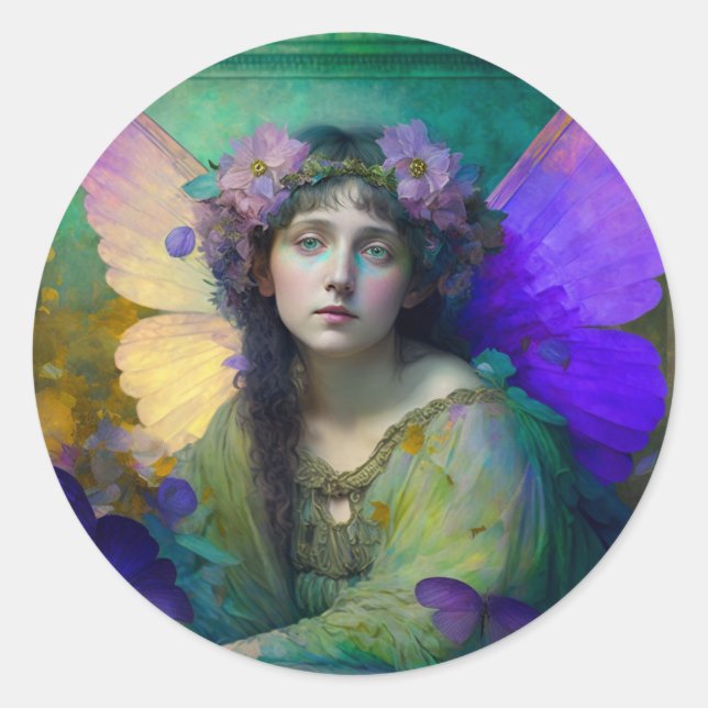 Sticker Rond Art Imaginaire Fée Vert Violet (Devant)