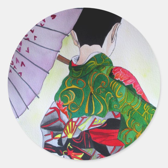 Sticker Rond Art japonais Geisha avec kimono et parapluie (Devant)