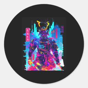 Sticker Rond Art japonais néon samouraï cyberpunk