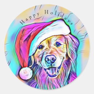 Sticker Rond Art lumineux au néon de golden retriever de Noël