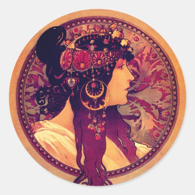 Sticker Rond Art nouveau Alphonse Mucha Donna élégante femme (Devant)
