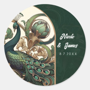 Sticker Rond Art Nouveau Green Emerald Mariage Peacock Vintage