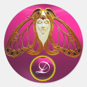 STICKER ROND ART NOUVEAU MOTH FEMME ROSE FUCHSIA GEM MONOGRAS
