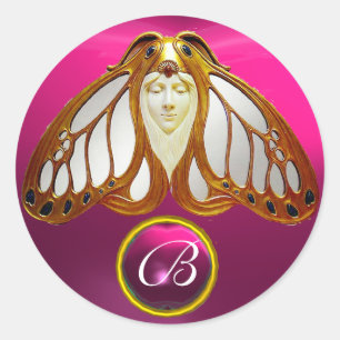 STICKER ROND ART NOUVEAU MOTH FEMME ROSE FUCHSIA GEM MONOGRAS