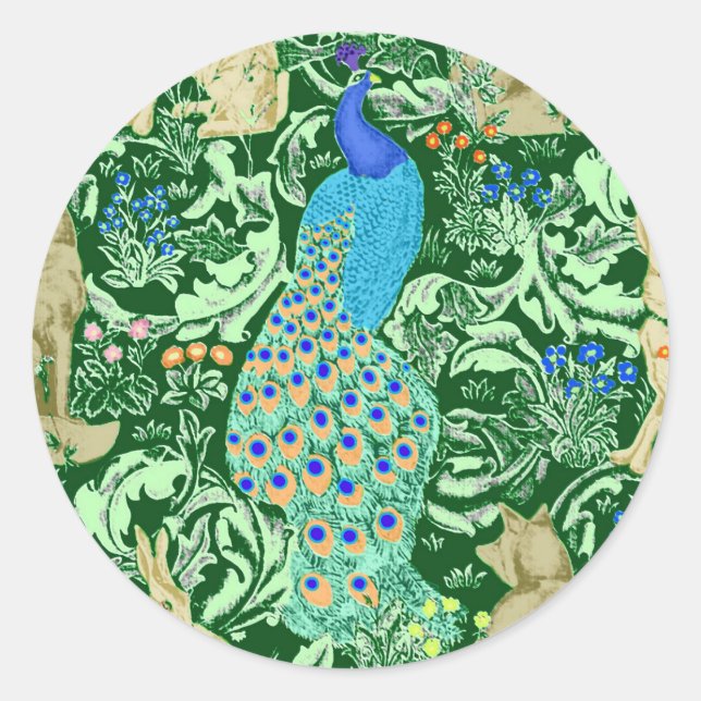 Sticker Rond Art Nouveau Peacock Print, Cobalt Blue & Green (Devant)