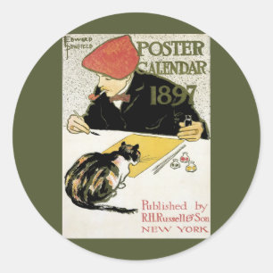 Sticker Rond Art Nouveau vintage, artiste peignant avec son cha